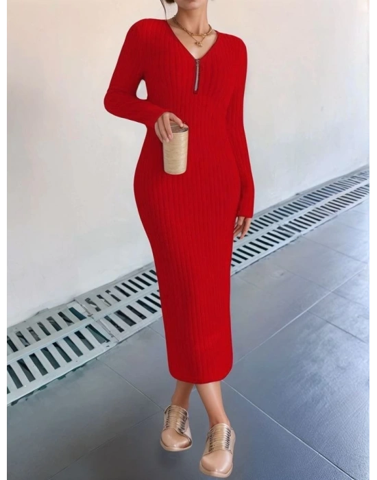 Kadın Uzun Kollu Fermuar Detay Fitilli Kaşkorse Kumaş Maxi Boy Elbise