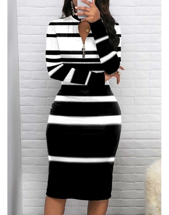 Kadın Uzun Kollu Fermuar Detay Siyah Beyaz çizgili Akrelik Triko Elbise
