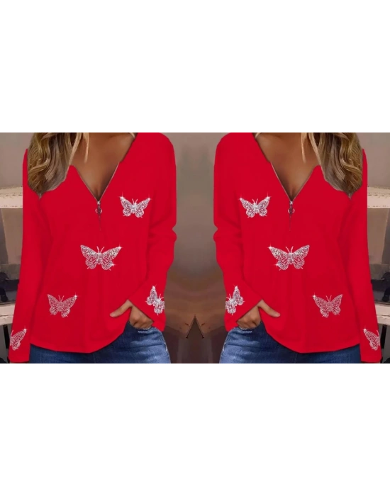 Kadın Uzun Kollu Fermuar Detaylı Kelebek Taşlı Desen Viskon Bluz