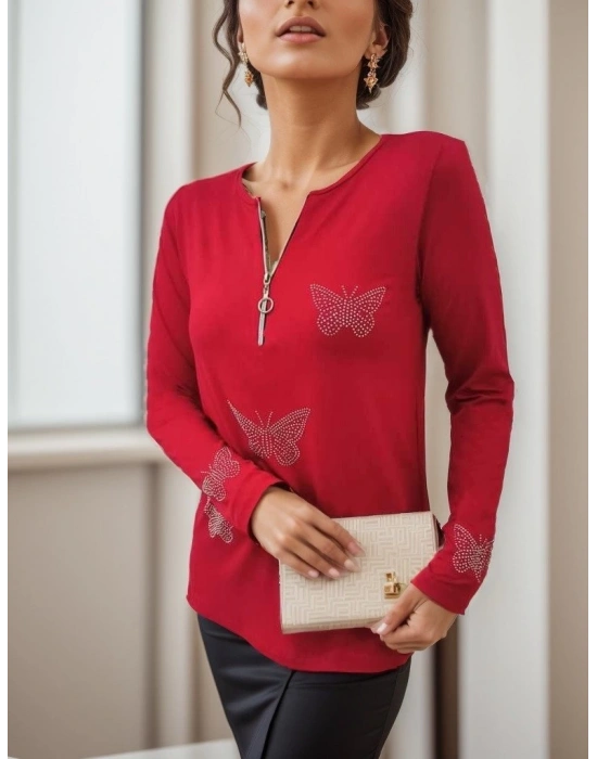 Kadın Uzun Kollu Fermuar Detaylı Kelebek Taşlı Desen Viskon Bluz
