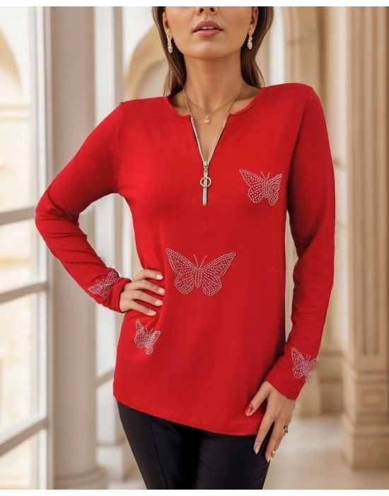 Kadın Uzun Kollu Fermuar Detaylı Kelebek Taşlı Desen Viskon Bluz