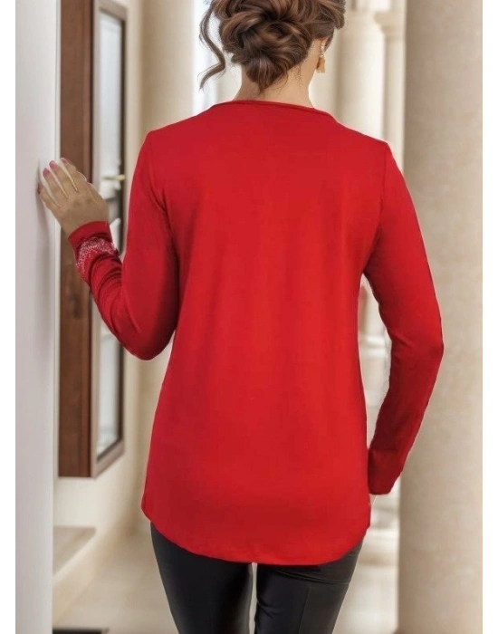 Kadın Uzun Kollu Fermuar Detaylı Kelebek Taşlı Desen Viskon Bluz