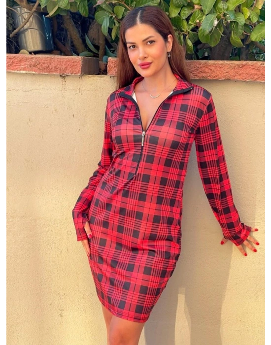 Kadın Uzun Kollu Fermuarlı Ekose Baskılı Dalgıç Elbise