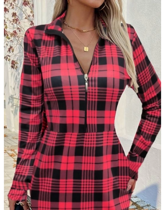 Kadın Uzun Kollu Fermuarlı Ekose Baskılı Dalgıç Elbise