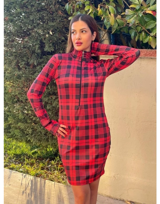 Kadın Uzun Kollu Fermuarlı Ekose Baskılı Dalgıç Elbise