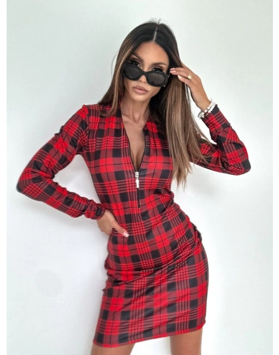Kadın Uzun Kollu Fermuarlı Ekose Baskılı Dalgıç Elbise