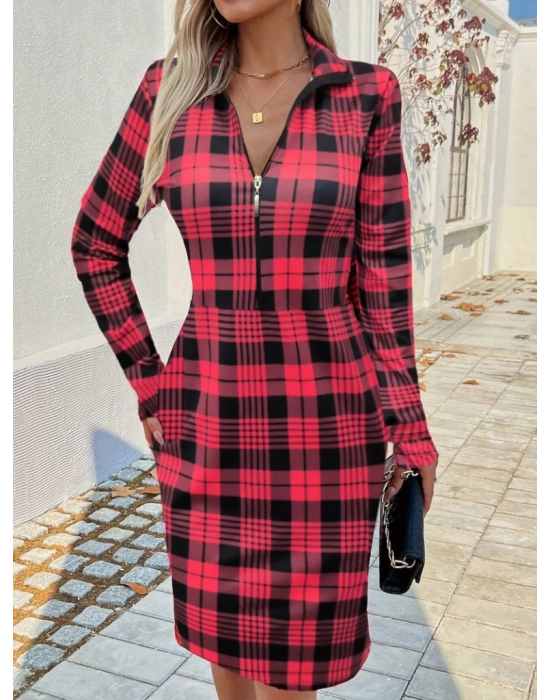 Kadın Uzun Kollu Fermuarlı Ekose Baskılı Dalgıç Elbise