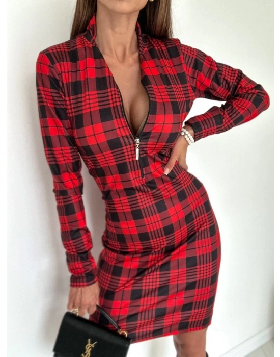 Kadın Uzun Kollu Fermuarlı Ekose Baskılı Dalgıç Elbise