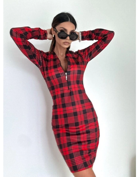 Kadın Uzun Kollu Fermuarlı Ekose Baskılı Dalgıç Elbise