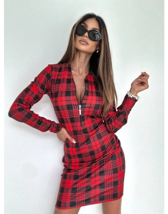 Kadın Uzun Kollu Fermuarlı Ekose Baskılı Dalgıç Elbise