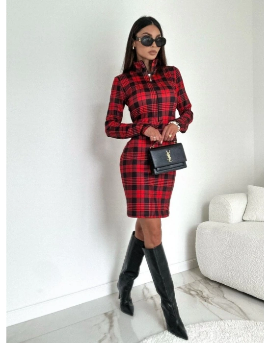 Kadın Uzun Kollu Fermuarlı Ekose Baskılı Dalgıç Elbise