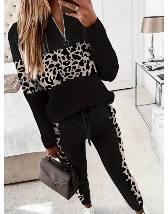 Kadın Uzun Kollu Fermuarlı Karışık Desenli Viskon Iki Iplik Bluz Ve Pantolon Ikili Takım