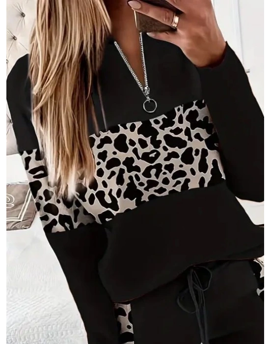 Kadın Uzun Kollu Fermuarlı Karışık Desenli Viskon Iki Iplik Bluz Ve Pantolon Ikili Takım