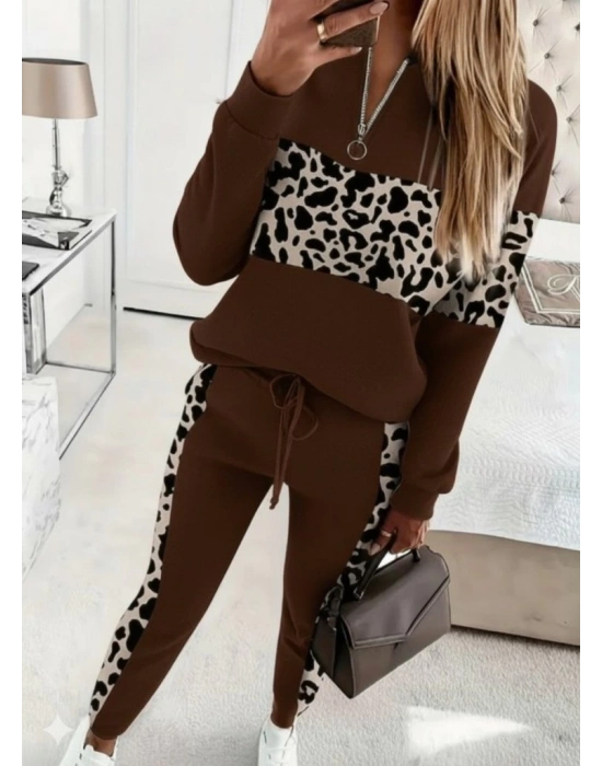 Kadın Uzun Kollu Fermuarlı Karışık Desenli Viskon Iki Iplik Bluz Ve Pantolon Ikili Takım