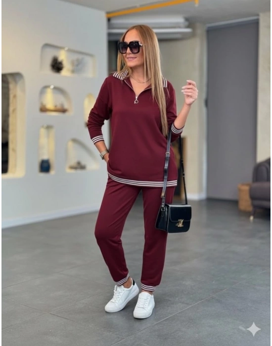 Kadın Uzun Kollu Fermuarlı şerit Detay Desenli Alt üst Ikili Viskon Iki Iplik Takım