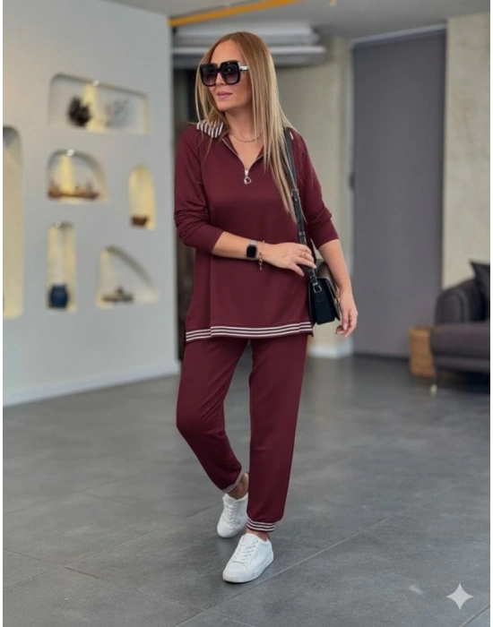 Kadın Uzun Kollu Fermuarlı şerit Detay Desenli Alt üst Ikili Viskon Iki Iplik Takım