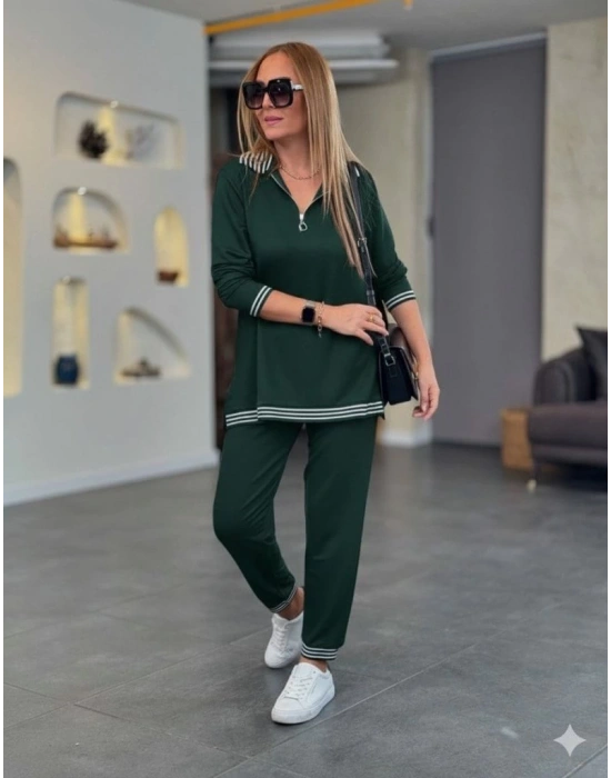 Kadın Uzun Kollu Fermuarlı şerit Detay Desenli Alt üst Ikili Viskon Iki Iplik Takım