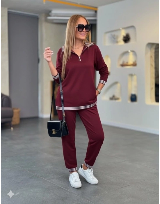 Kadın Uzun Kollu Fermuarlı şerit Detay Desenli Alt üst Ikili Viskon Iki Iplik Takım