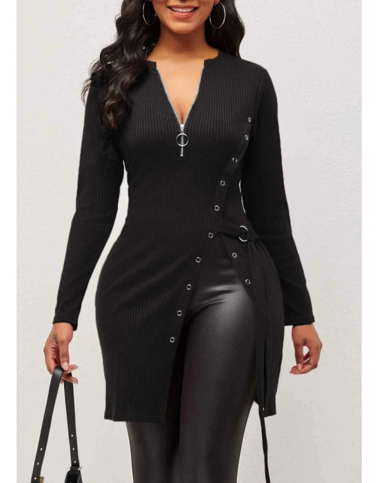 Kadın Uzun Kollu Fermuarlı Yan Yırtmaç çıtçıt Düğme Detay Fitilli Kaskorse Elbise