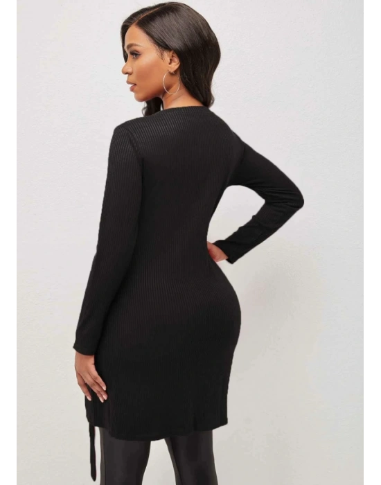 Kadın Uzun Kollu Fermuarlı Yan Yırtmaç çıtçıt Düğme Detay Fitilli Kaskorse Elbise