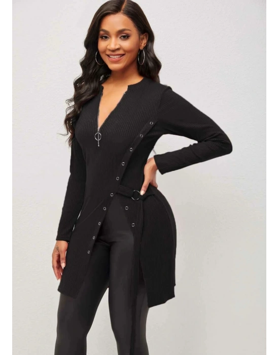 Kadın Uzun Kollu Fermuarlı Yan Yırtmaç çıtçıt Düğme Detay Fitilli Kaskorse Elbise