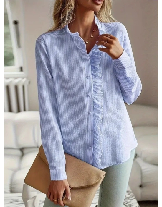 Kadın Uzun Kollu Fırfır Yakalı önden Düğmeli çizgili Burgu Gömlek