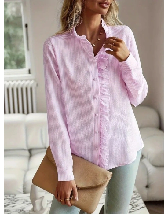 Kadın Uzun Kollu Fırfır Yakalı önden Düğmeli çizgili Burgu Gömlek