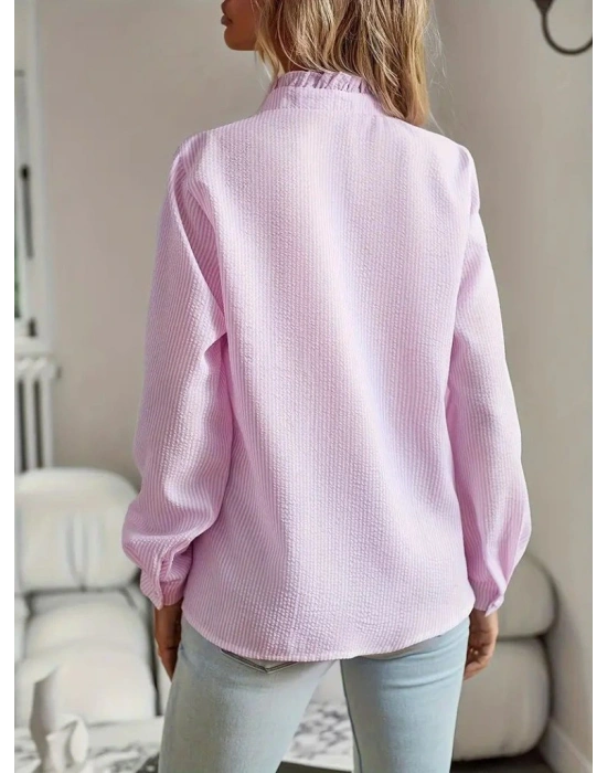 Kadın Uzun Kollu Fırfır Yakalı önden Düğmeli çizgili Burgu Gömlek