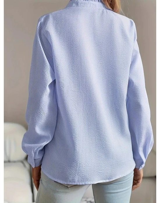 Kadın Uzun Kollu Fırfır Yakalı önden Düğmeli çizgili Burgu Gömlek