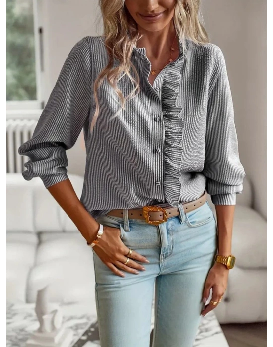 Kadın Uzun Kollu Fırfır Yakalı önden Düğmeli çizgili Burgu Gömlek