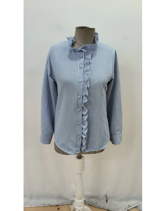 Kadın Uzun Kollu Fırfır Yakalı önden Düğmeli çizgili Burgu Gömlek