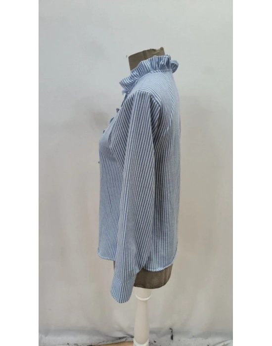 Kadın Uzun Kollu Fırfır Yakalı önden Düğmeli çizgili Burgu Gömlek