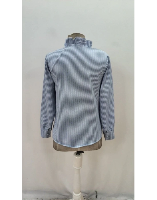 Kadın Uzun Kollu Fırfır Yakalı önden Düğmeli çizgili Burgu Gömlek