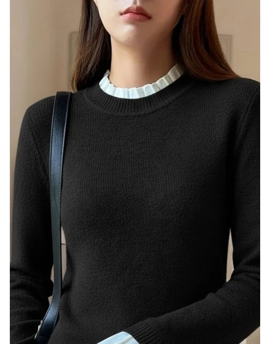 Kadın Uzun Kollu Fırfırlı Yakalı Triko Bluz