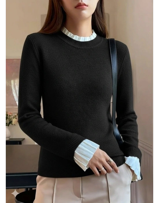 Kadın Uzun Kollu Fırfırlı Yakalı Triko Bluz