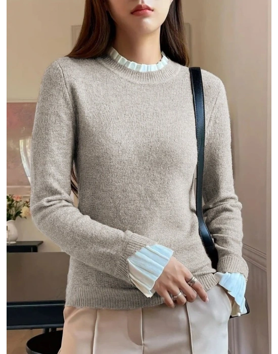 Kadın Uzun Kollu Fırfırlı Yakalı Triko Krem Bluz