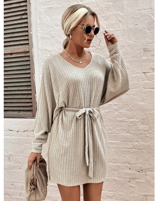 Kadın Uzun Kollu Fitilli şardonlu Detay Buklet Kuşaklı Yumoş Elbise