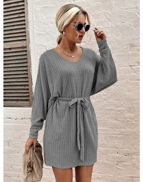 Kadın Uzun Kollu Fitilli şardonlu Detay Buklet Kuşaklı Yumoş Elbise