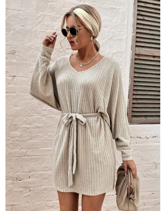 Kadın Uzun Kollu Fitilli şardonlu Detay Buklet Kuşaklı Yumoş Elbise