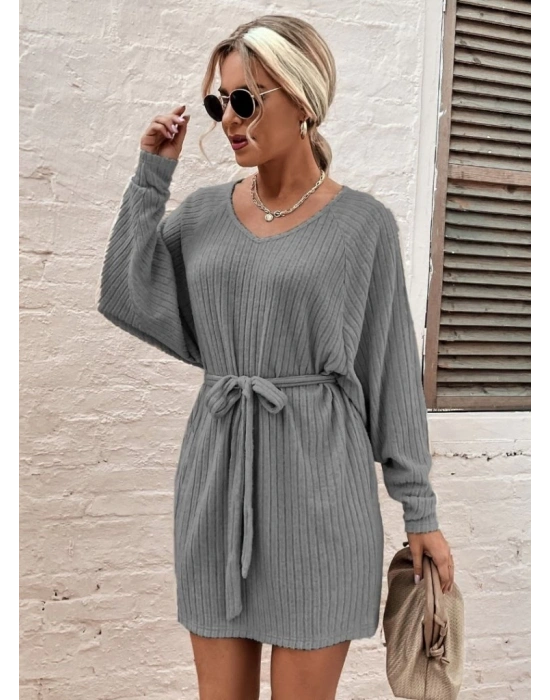 Kadın Uzun Kollu Fitilli şardonlu Detay Buklet Kuşaklı Yumoş Elbise