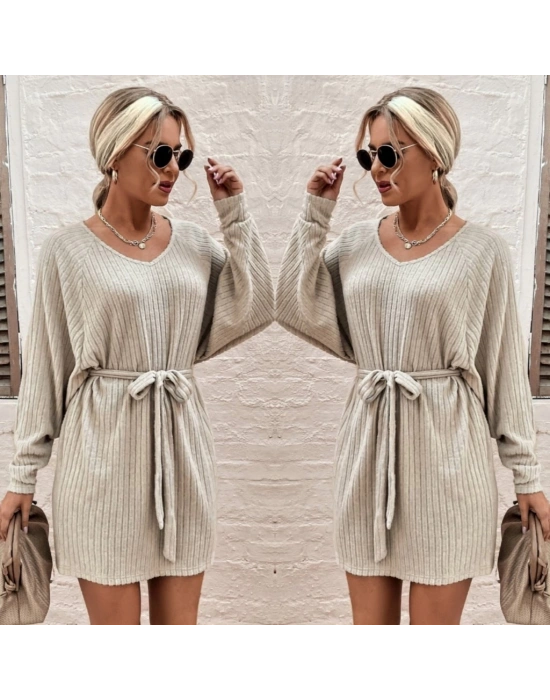 Kadın Uzun Kollu Fitilli şardonlu Detay Buklet Kuşaklı Yumoş Elbise