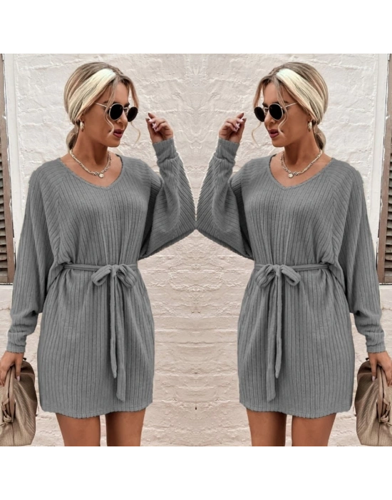 Kadın Uzun Kollu Fitilli şardonlu Detay Buklet Kuşaklı Yumoş Elbise