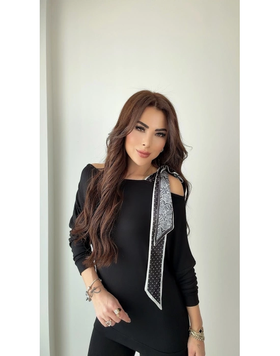 Kadın Uzun Kollu Fular Detay çilek Kumaş Bluz