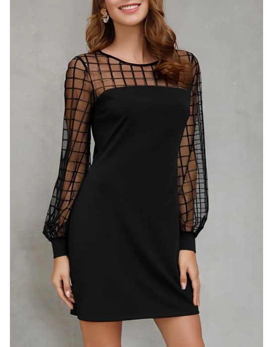 Kadın Uzun Kollu Geometrik Tül Detaylı Ithal Krep Elbise