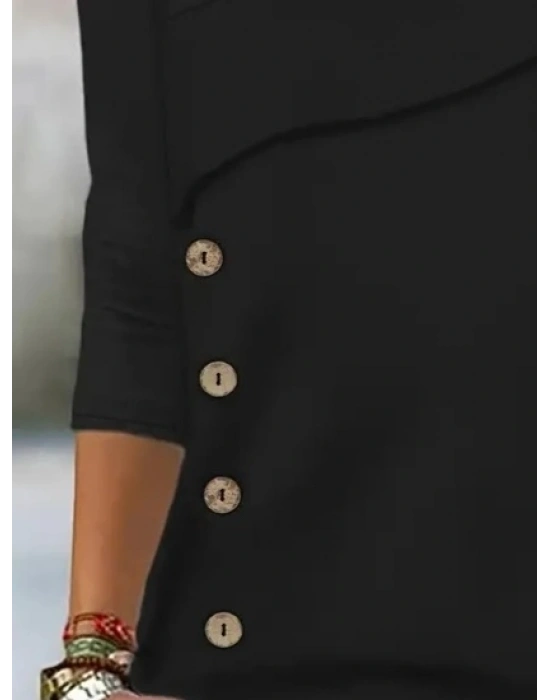 Kadın Uzun Kollu Geometrik Yaka Detay Yandan Düğmeli Mikro Bluz