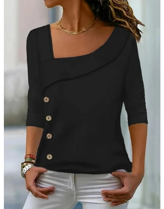 Kadın Uzun Kollu Geometrik Yaka Detay Yandan Düğmeli Mikro Bluz