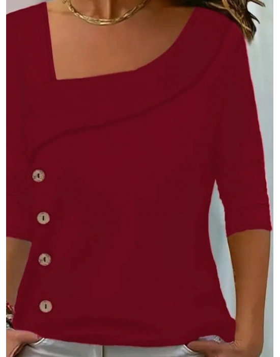 Kadın Uzun Kollu Geometrik Yaka Detay Yandan Düğmeli Viskon Iki Iplik Bluz