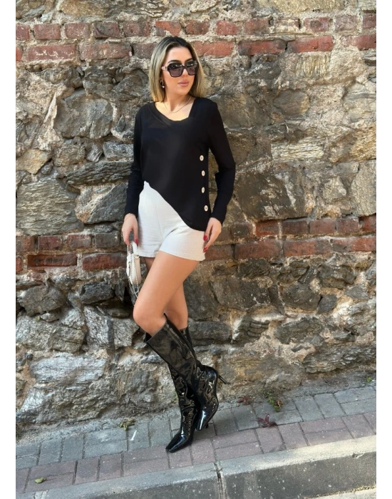 Kadın Uzun Kollu Geometrik Yaka Detay Yandan Düğmeli Viskon Iki Iplik Bluz