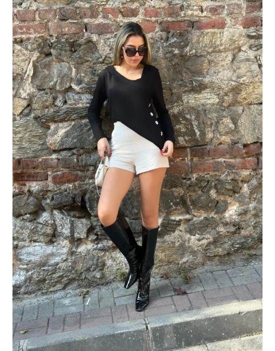 Kadın Uzun Kollu Geometrik Yaka Detay Yandan Düğmeli Viskon Iki Iplik Bluz