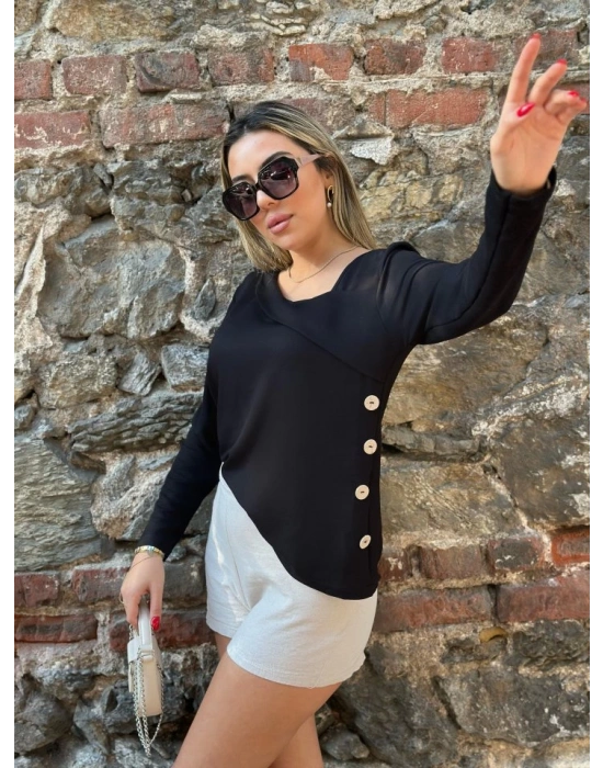 Kadın Uzun Kollu Geometrik Yaka Detay Yandan Düğmeli Viskon Iki Iplik Bluz